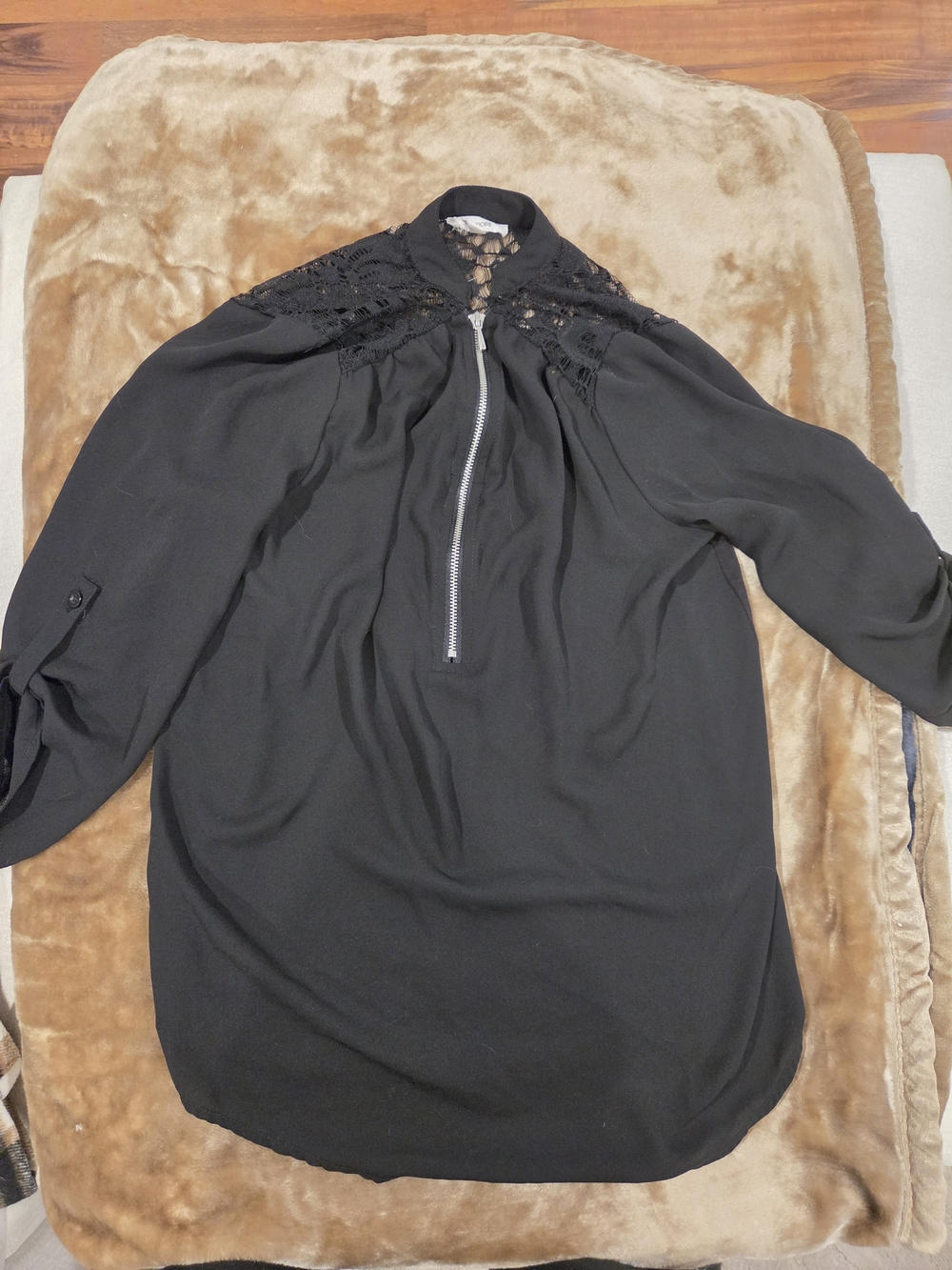 Maurices Women's Black Lace Yoke Blouse with Front Zip, 3/4 Sleeve